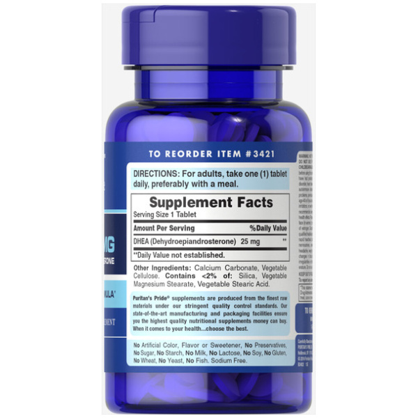 DHEA 25 mg. Dehidroepiandrosterona. 100 tabletas. Puritans Pride